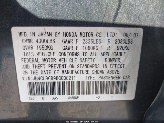 2008 Acura Tsx მანქანა იყიდება აუქციონზე, vin: JH4CL96898C008211, აუქციონის ნომერი: 46103187