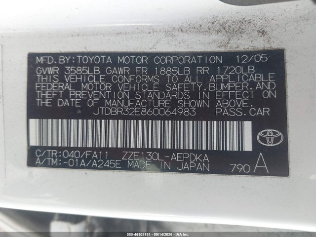 Продажа на аукционе авто 2006 Toyota Corolla Ce, vin: JTDBR32E860064983, номер лота: 46103191