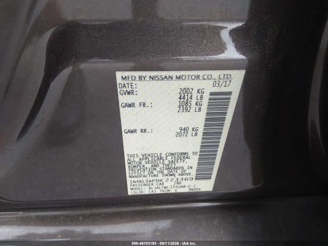 Продаж на аукціоні авто 2017 Nissan Altima 3.5 Sl, vin: 1N4BL3AP3HC223369, номер лоту: 46103193