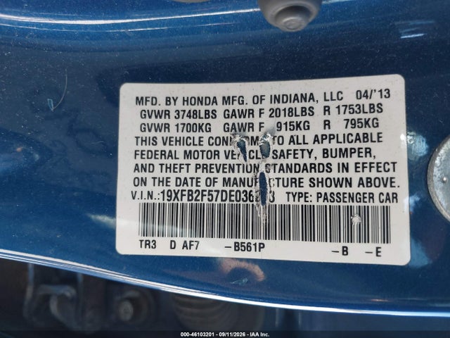46103201 :رقم المزاد ، 19XFB2F57DE036283 vin ، 2013 Honda Civic Lx مزاد بيع