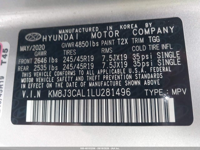 Продаж на аукціоні авто 2020 Hyundai Tucson Sport, vin: KM8J3CAL1LU281496, номер лоту: 46103206