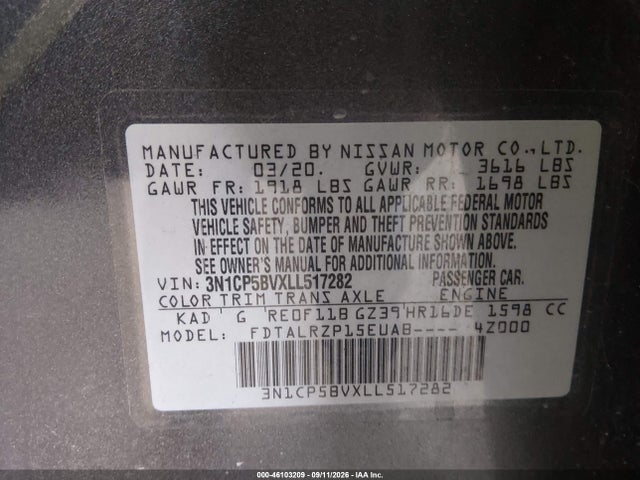 Продажа на аукционе авто 2020 Nissan Kicks S Xtronic Cvt, vin: 3N1CP5BVXLL517282, номер лота: 46103209