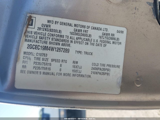 1998 Chevrolet C1500 Fleetside მანქანა იყიდება აუქციონზე, vin: 2GCEC19M4W1267289, აუქციონის ნომერი: 46103211