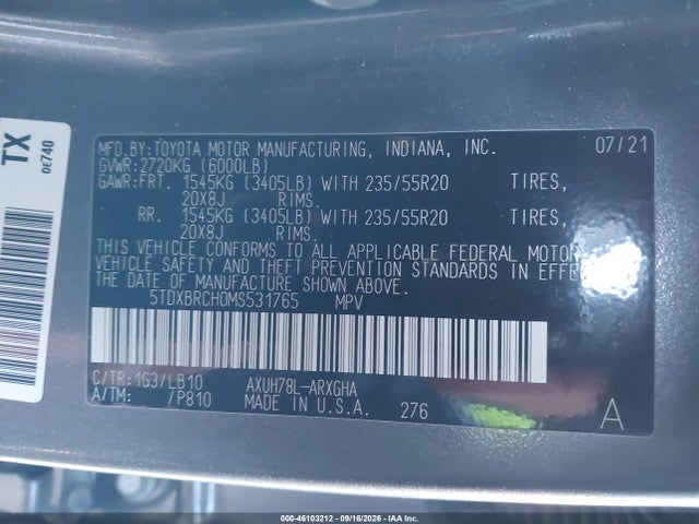 5TDXBRCH0MS531765 Toyota Highlander Hybrid Limited