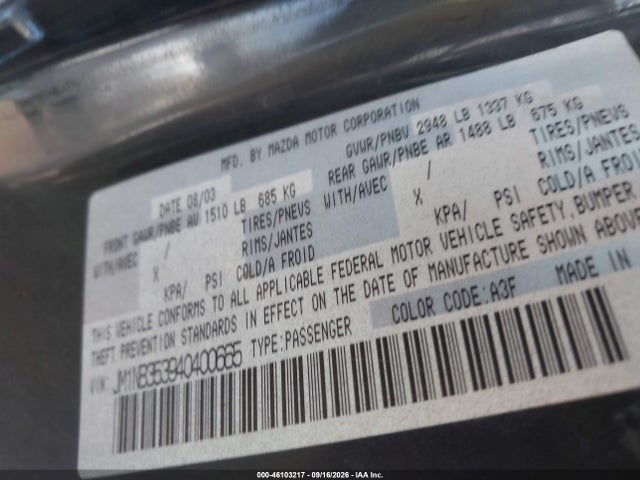 46103217 :رقم المزاد ، JM1NB353940400665 vin ، 2004 Mazda Mx-5 Miata Cloth مزاد بيع