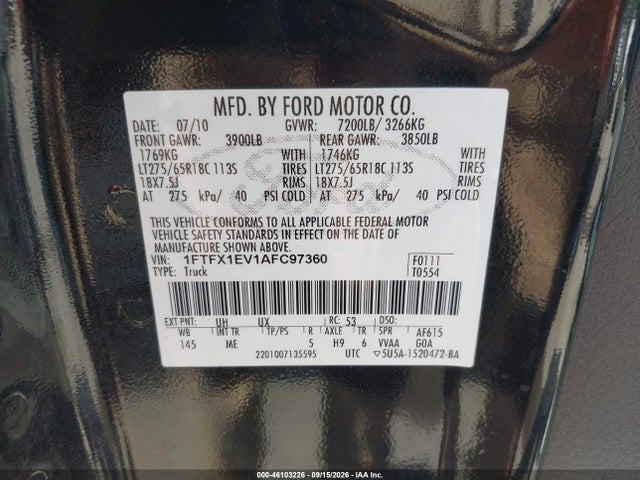 2010 Ford F-150 Fx4/lariat/xl/xlt მანქანა იყიდება აუქციონზე, vin: 1FTFX1EV1AFC97360, აუქციონის ნომერი: 46103226