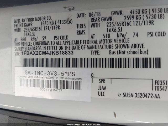 2018 Ford Transit-350 Xl მანქანა იყიდება აუქციონზე, vin: 1FBAX2CM4JKB18833, აუქციონის ნომერი: 46103227