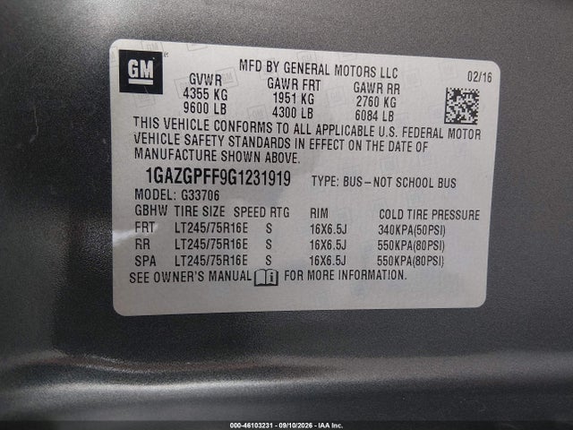 Aukcja sprzedaży 2016 Chevrolet Express 3500 Lt, vin: 1GAZGPFF9G1231919, numer aukcji: 46103231