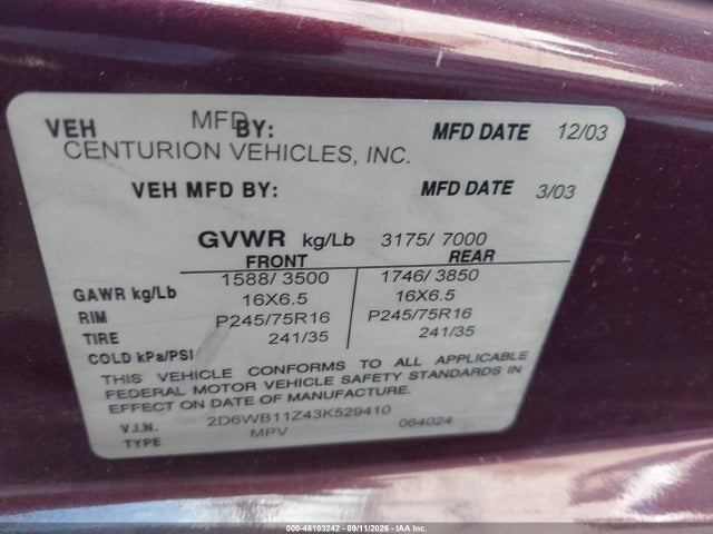 Продажа на аукционе авто 2003 Dodge Ram Van 1500 Conversion, vin: 2D6WB11Z43K529410, номер лота: 46103242