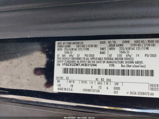 Aukcja sprzedaży 2018 Ford Transit-350 Xl, vin: 1FBZX2ZM7JKB31294, numer aukcji: 46103247