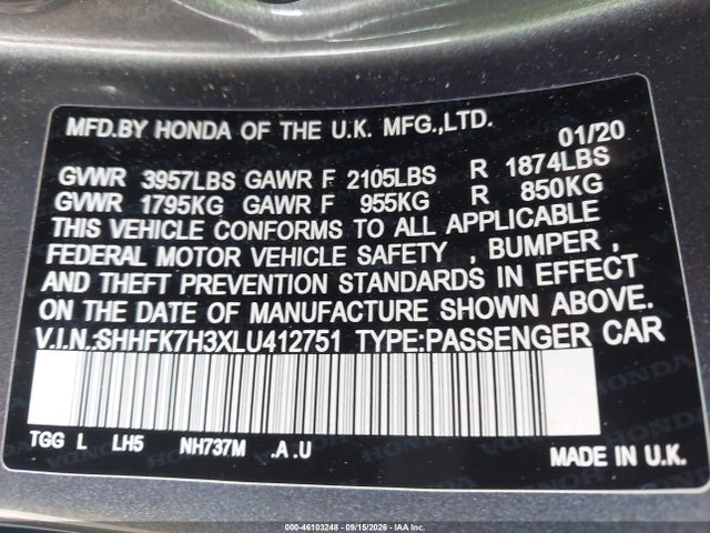 Продажа на аукционе авто 2020 Honda Civic Lx, vin: SHHFK7H3XLU412751, номер лота: 46103248