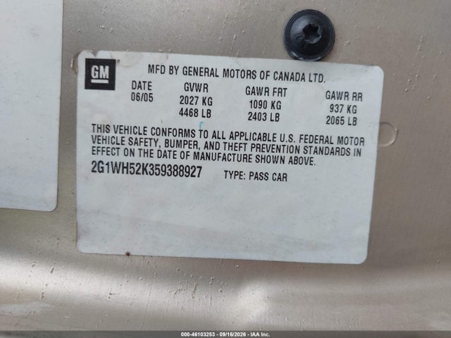 Aukcja sprzedaży 2005 Chevrolet Impala Ls, vin: 2G1WH52K359388927, numer aukcji: 46103253
