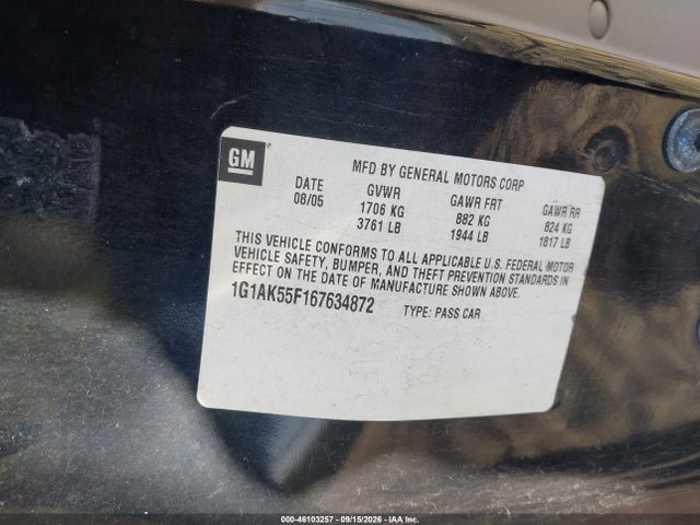 2006 Chevrolet Cobalt Ls მანქანა იყიდება აუქციონზე, vin: 1G1AK55F167634872, აუქციონის ნომერი: 46103257