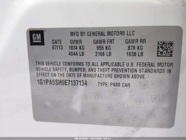46103261 :رقم المزاد ، 1G1PA5SH9E7137134 vin ، 2014 Chevrolet Cruze Ls Auto مزاد بيع