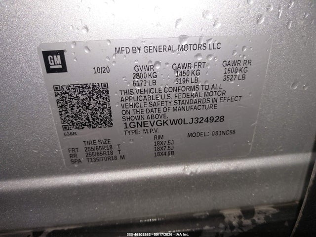 46103262 :رقم المزاد ، 1GNEVGKW0LJ324928 vin ، 2020 Chevrolet Traverse Awd Lt Cloth مزاد بيع