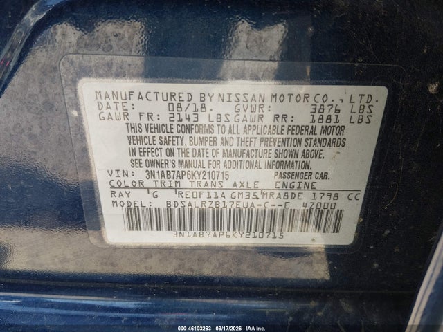 2019 Nissan Sentra Sr მანქანა იყიდება აუქციონზე, vin: 3N1AB7AP6KY210715, აუქციონის ნომერი: 46103263