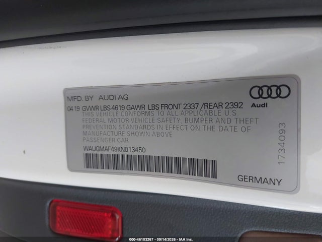 46103267 :رقم المزاد ، WAUGMAF49KN013450 vin ، 2019 Audi A4 40 Premium/40 Titanium Premium مزاد بيع