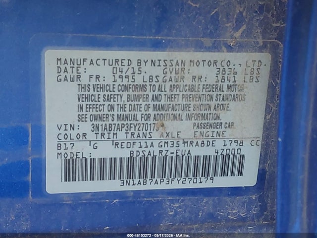 2015 Nissan Sentra Sr მანქანა იყიდება აუქციონზე, vin: 3N1AB7AP3FY270179, აუქციონის ნომერი: 46103272
