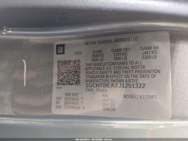 46103273 :رقم المزاد ، 1GCHTBEAXJ1251322 vin ، 2018 Chevrolet Colorado Wt مزاد بيع