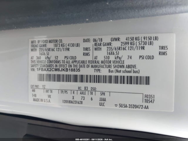 2018 Ford Transit-350 Xl მანქანა იყიდება აუქციონზე, vin: 1FBAX2CM8JKB18835, აუქციონის ნომერი: 46103281