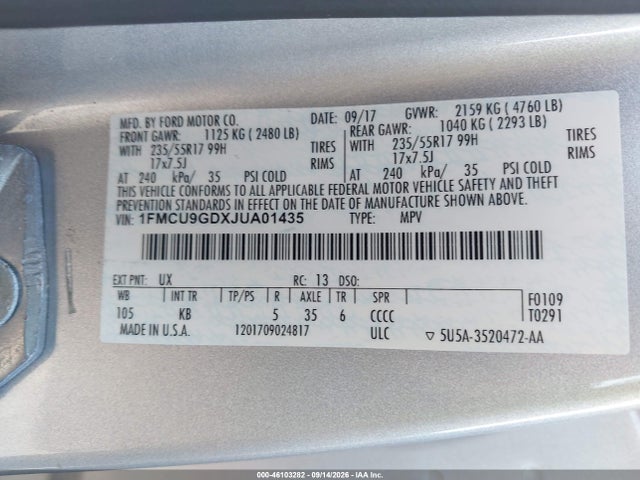 2018 Ford Escape Se მანქანა იყიდება აუქციონზე, vin: 1FMCU9GDXJUA01435, აუქციონის ნომერი: 46103282