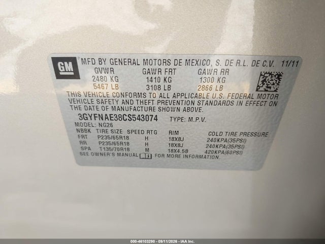 Продажа на аукционе авто 2012 Cadillac Srx Luxury Collection, vin: 3GYFNAE38CS543074, номер лота: 46103290