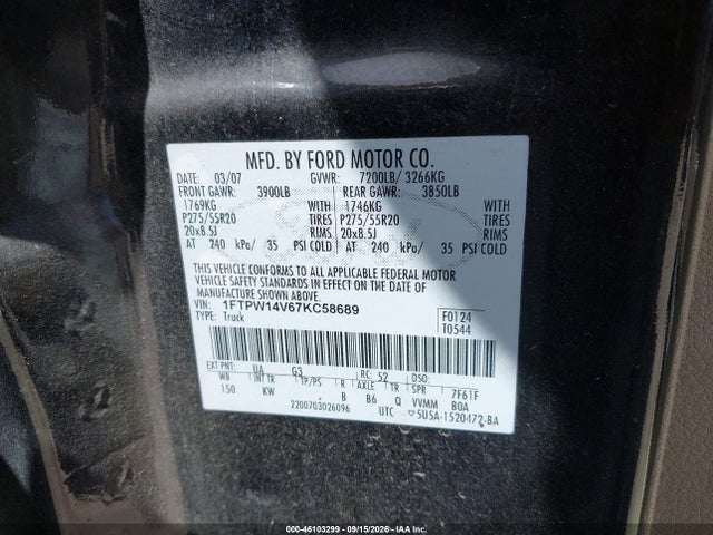 2007 Ford F-150 Fx4/lariat/xlt მანქანა იყიდება აუქციონზე, vin: 1FTPW14V67KC58689, აუქციონის ნომერი: 46103299
