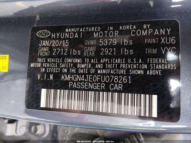Aukcja sprzedaży 2015 Hyundai Genesis 3.8, vin: KMHGN4JE0FU078261, numer aukcji: 46103302
