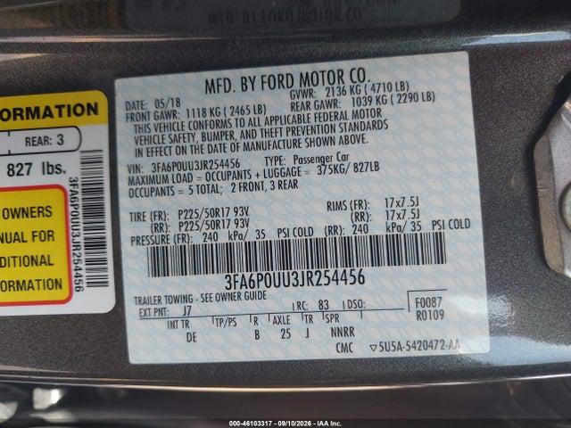 Продажа на аукционе авто 2018 Ford Fusion Hybrid S, vin: 3FA6P0UU3JR254456, номер лота: 46103317