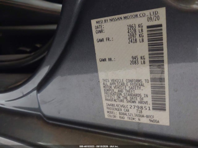 Aukcja sprzedaży 2020 Nissan Altima Sr Fwd, vin: 1N4BL4CV6LC279851, numer aukcji: 46103323