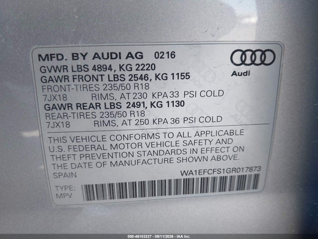 46103327 :رقم المزاد ، WA1EFCFS1GR017873 vin ، 2016 Audi Q3 2.0t Premium Plus مزاد بيع