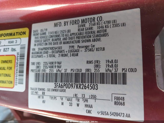 Aukcja sprzedaży 2019 Ford Fusion Titanium, vin: 3FA6P0D97KR264503, numer aukcji: 46103333