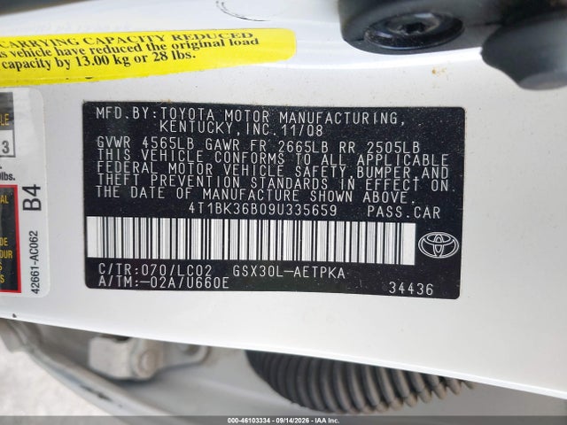 46103334 :رقم المزاد ، 4T1BK36B09U335659 vin ، 2009 Toyota Avalon Limited مزاد بيع