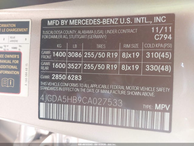 Aukcja sprzedaży 2012 Mercedes-benz Ml 350 4matic, vin: 4JGDA5HB9CA027533, numer aukcji: 46103343