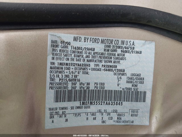 Aukcja sprzedaży 2000 Mercury Sable Ls Premium, vin: 1MEFM55S2YA635845, numer aukcji: 46103350