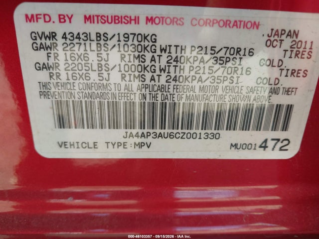 Продаж на аукціоні авто 2012 Mitsubishi Outlander Sport Es, vin: JA4AP3AU6CZ001330, номер лоту: 46103357