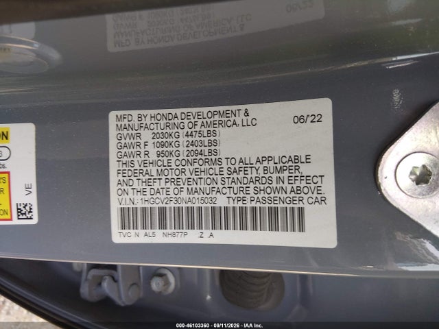 Aukcja sprzedaży 2022 Honda Accord Sport 2.0t, vin: 1HGCV2F30NA015032, numer aukcji: 46103360