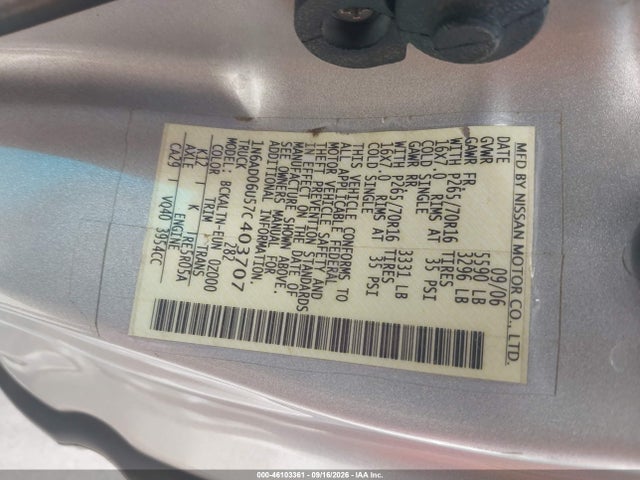 Auction sale of the 2007 Nissan Frontier Se, vin: 1N6AD06U57C403707, lot number: 46103361