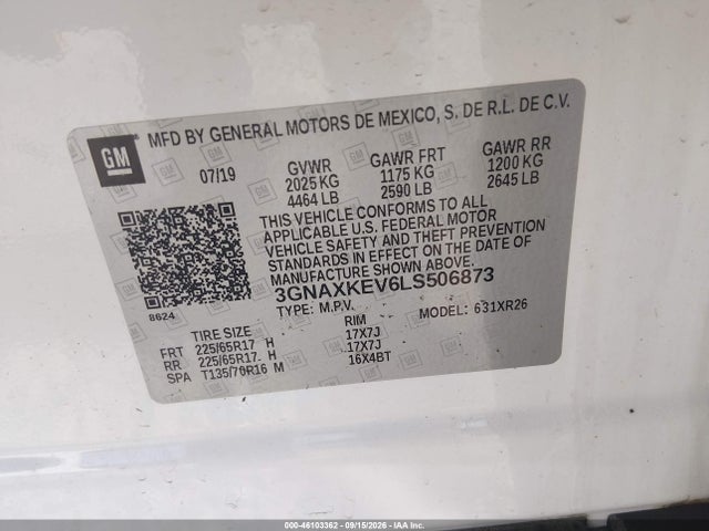 Продаж на аукціоні авто 2020 Chevrolet Equinox Fwd Lt 1.5l Turbo, vin: 3GNAXKEV6LS506873, номер лоту: 46103362
