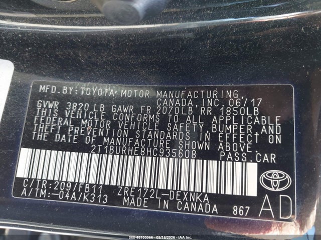 Продаж на аукціоні авто 2017 Toyota Corolla Le, vin: 2T1BURHE8HC935608, номер лоту: 46103366