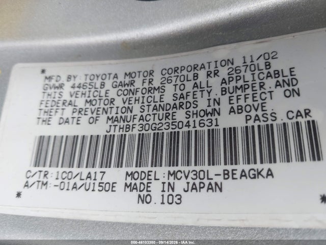 Aukcja sprzedaży 2003 Lexus Es 300, vin: JTHBF30G235041631, numer aukcji: 46103380