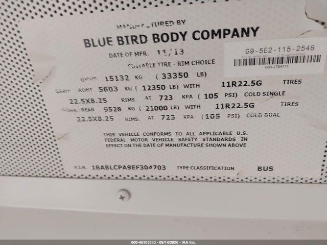 46103383 :رقم المزاد ، 1BABLCPA9EF304703 vin ، 2014 Blue Bird School Bus / Transit Bus مزاد بيع