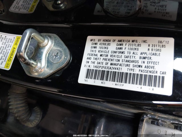 Продаж на аукціоні авто 2012 Honda Accord 2.4 Se, vin: 1HGCP2F63CA244421, номер лоту: 46103384