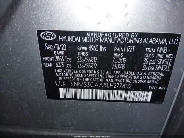 Продаж на аукціоні авто 2020 Hyundai Santa Fe Sel 2.0t, vin: 5NMS3CAA8LH277802, номер лоту: 46103397