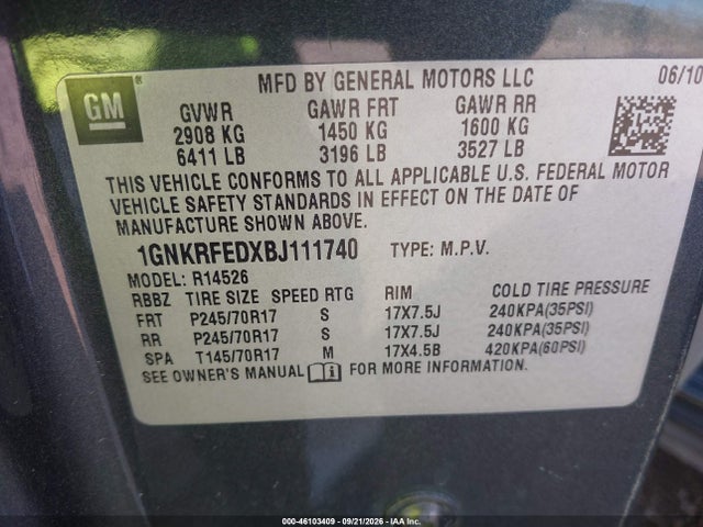 Продаж на аукціоні авто 2011 Chevrolet Traverse Ls, vin: 1GNKRFEDXBJ111740, номер лоту: 46103409