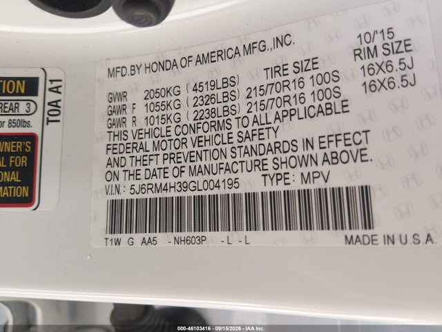 2016 Honda Cr-v Lx მანქანა იყიდება აუქციონზე, vin: 5J6RM4H39GL004195, აუქციონის ნომერი: 46103416