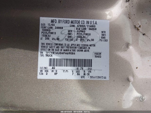 Продаж на аукціоні авто 2004 Ford Ranger Edge/tremor/xl/xlt, vin: 1FTYR14U04PA69084, номер лоту: 46103420