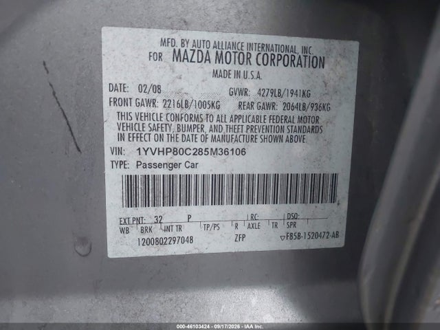 Aukcja sprzedaży 2008 Mazda Mazda6 I Sport Ve, vin: 1YVHP80C285M36106, numer aukcji: 46103424