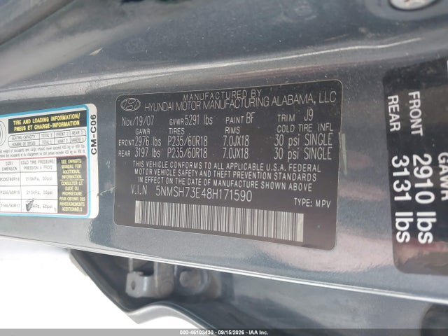 Aukcja sprzedaży 2008 Hyundai Santa Fe Limited/se, vin: 5NMSH73E48H171590, numer aukcji: 46103430