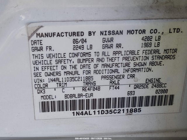 46103435 :رقم المزاد ، 1N4AL11D35C211885 vin ، 2005 Nissan Altima 2.5 S مزاد بيع